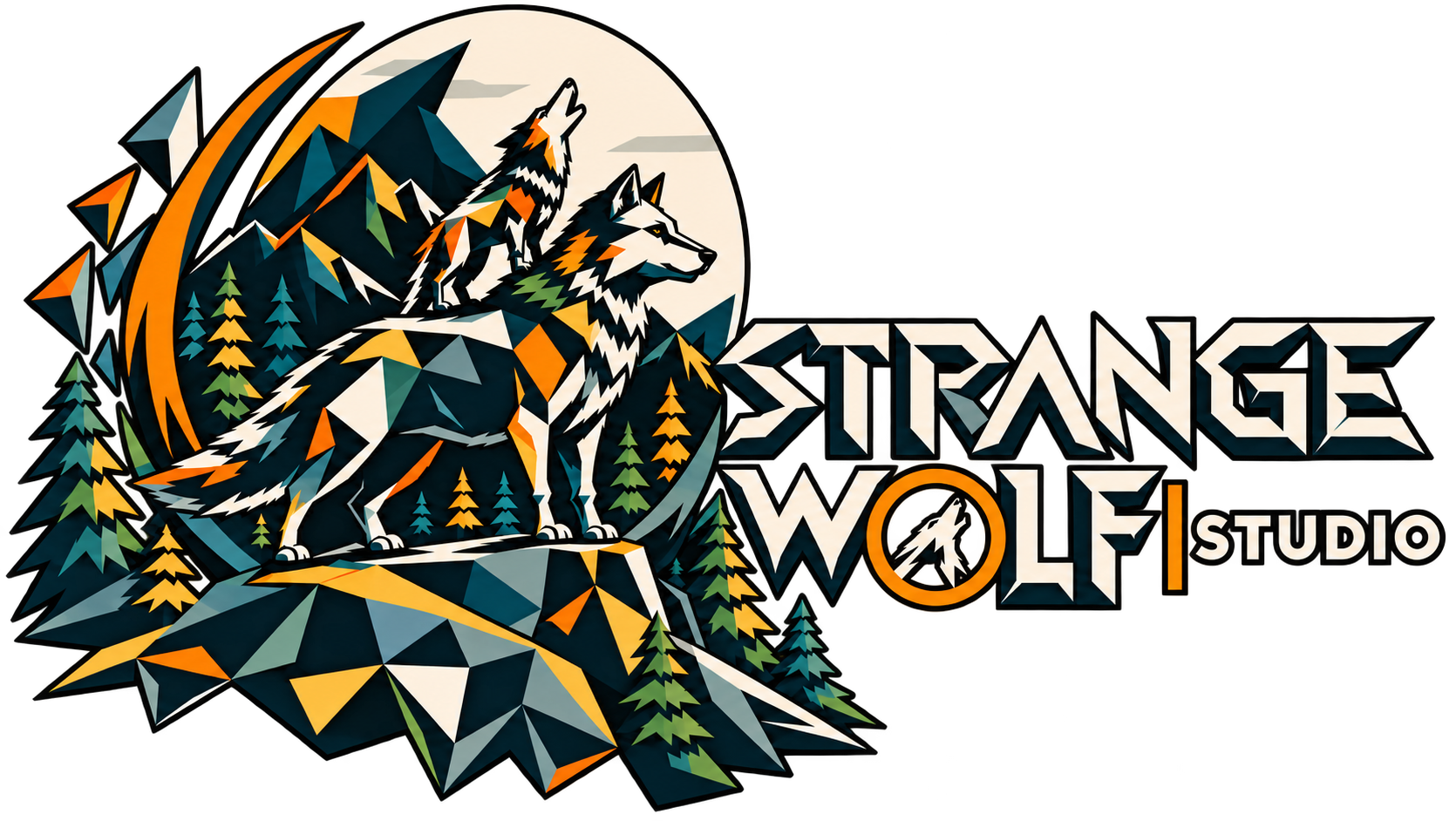 Two wolves howling on a low-poly mountain under a full moon